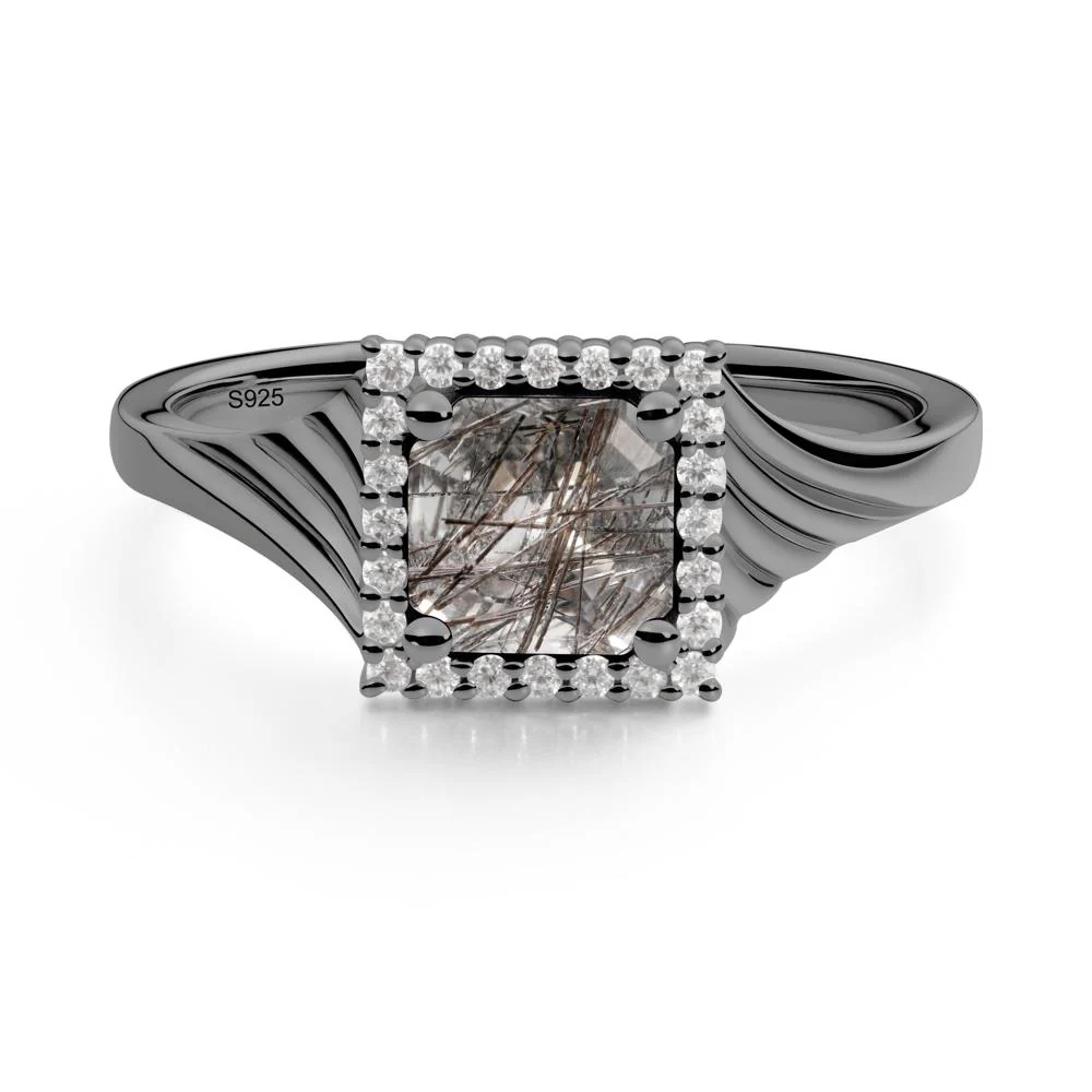 Asscher Cut Black Rutilated Quartz Halo Ring