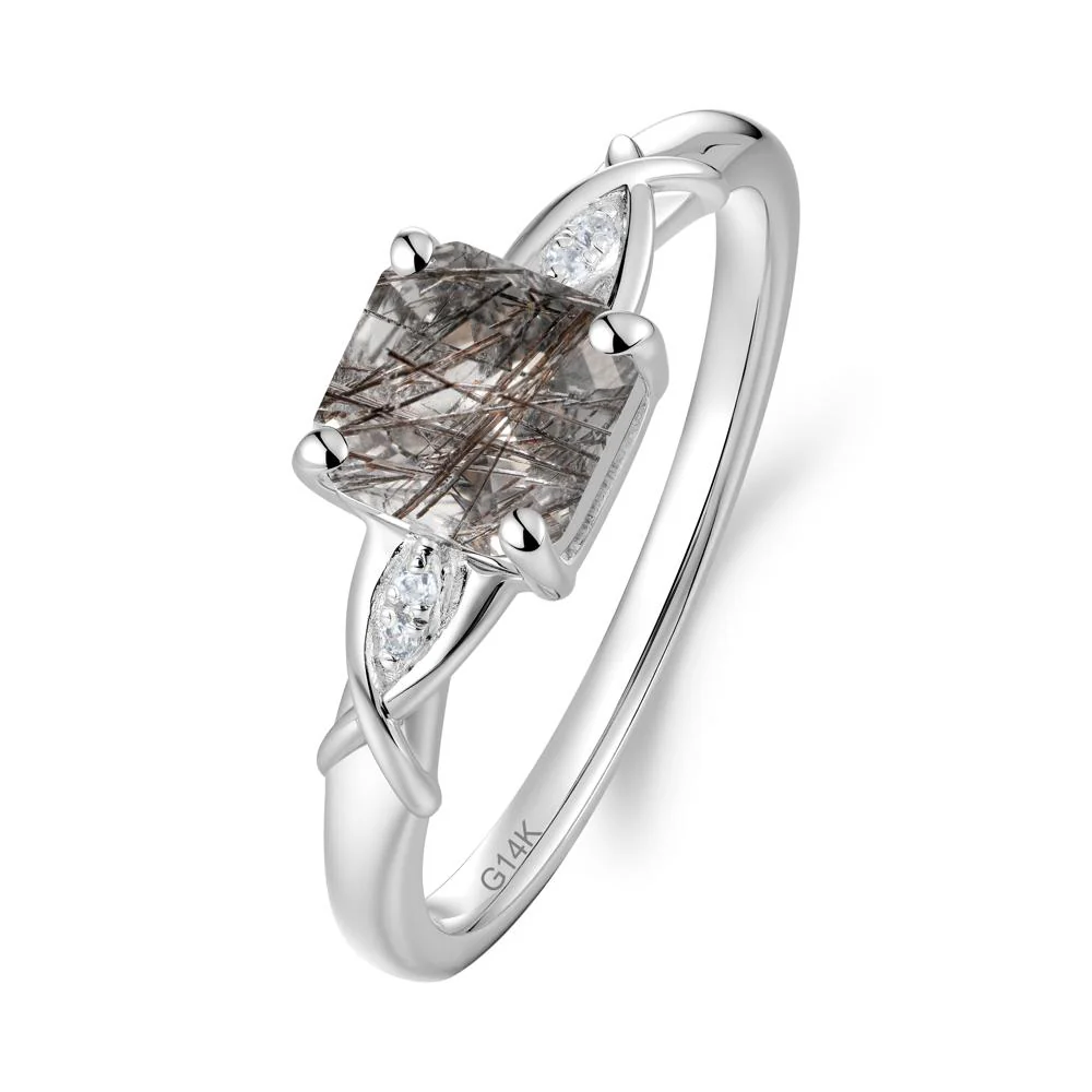 Asscher Cut Black Rutilated Quartz Solitaire Ring with Criss-Cross Band - Image 2