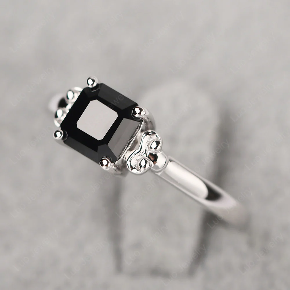 Asscher Cut Black Spinel Solitaire Ring - Image 2