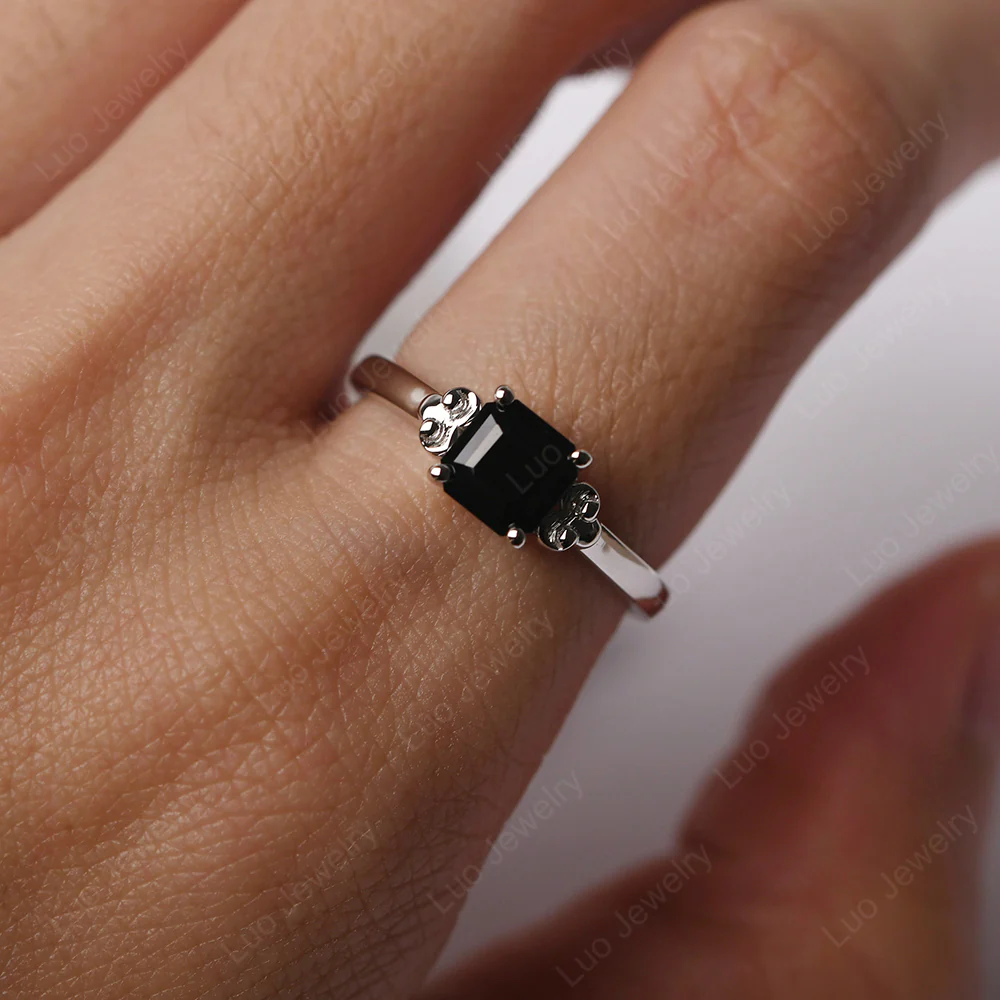 Asscher Cut Black Spinel Solitaire Ring - Image 5