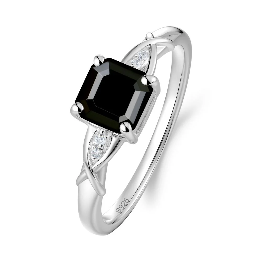 Asscher Cut Black Spinel Solitaire Ring with Criss-Cross Band - Image 5