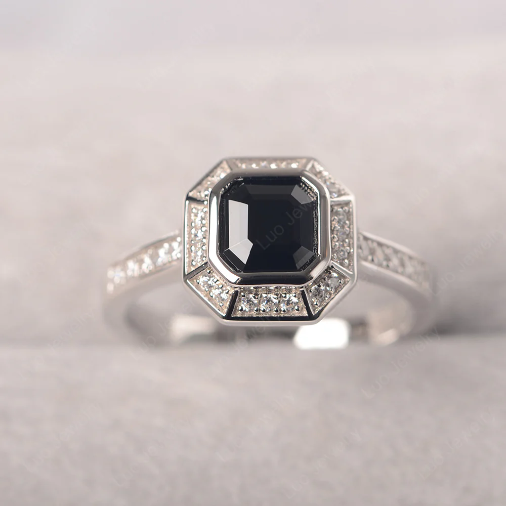 Asscher Cut Black Spinel Bezel Set Halo Ring