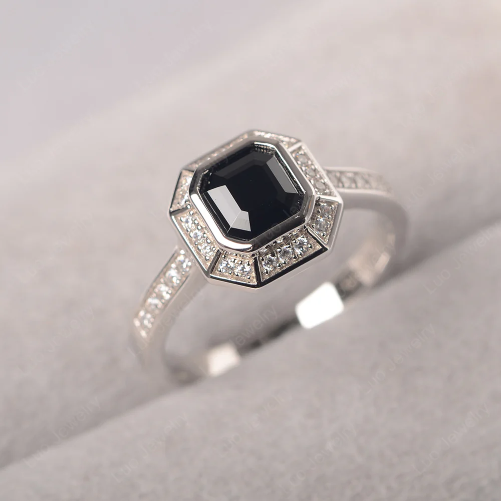 Asscher Cut Black Spinel Bezel Set Halo Ring - Image 2