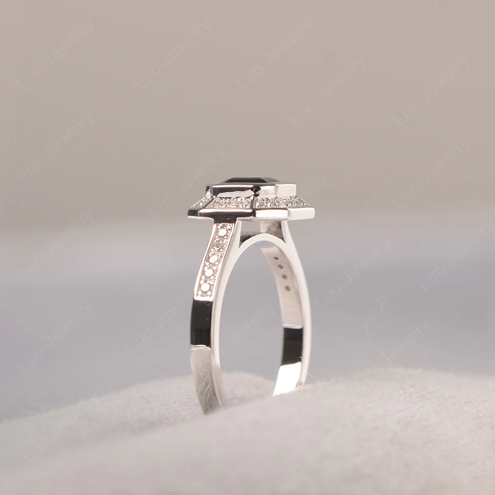 Asscher Cut Black Spinel Bezel Set Halo Ring - Image 4
