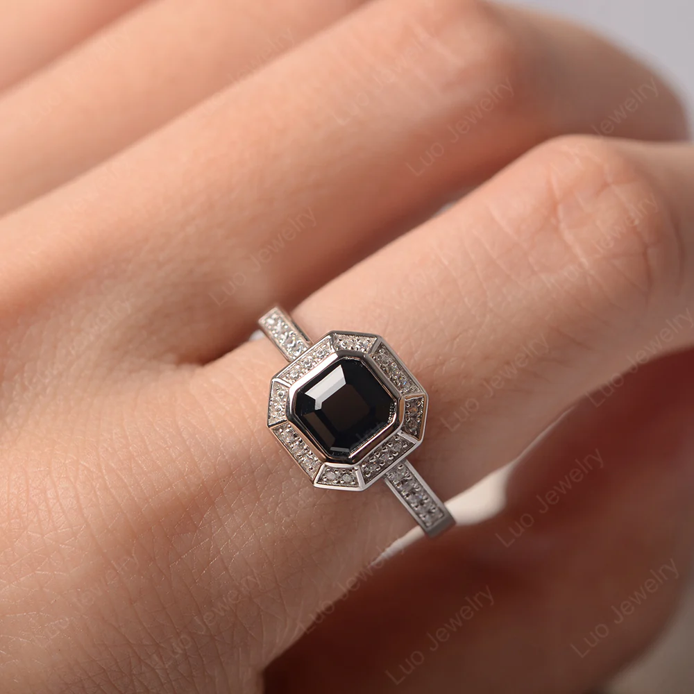 Asscher Cut Black Spinel Bezel Set Halo Ring - Image 5