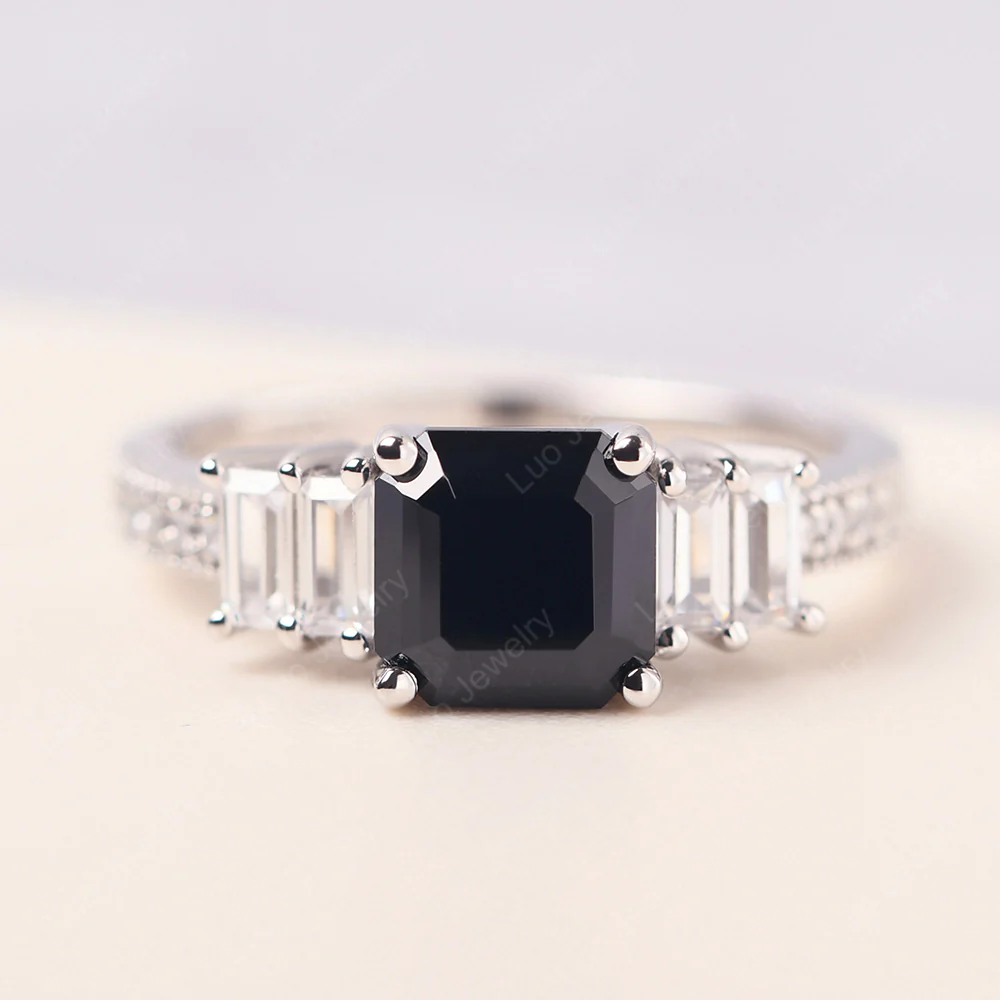 Asscher Cut Black Spinel Ring with Baguette