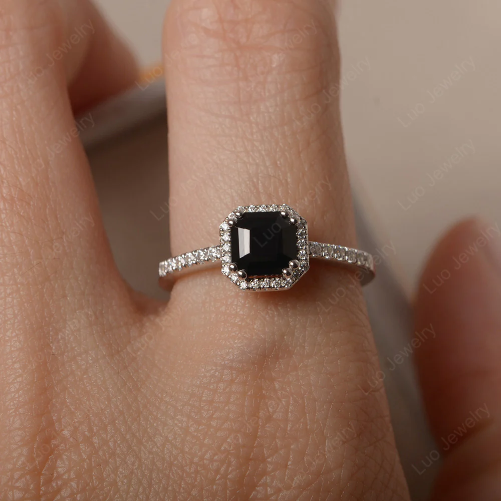 Black Spinel Asscher Cut Halo Engagement Ring - Image 5