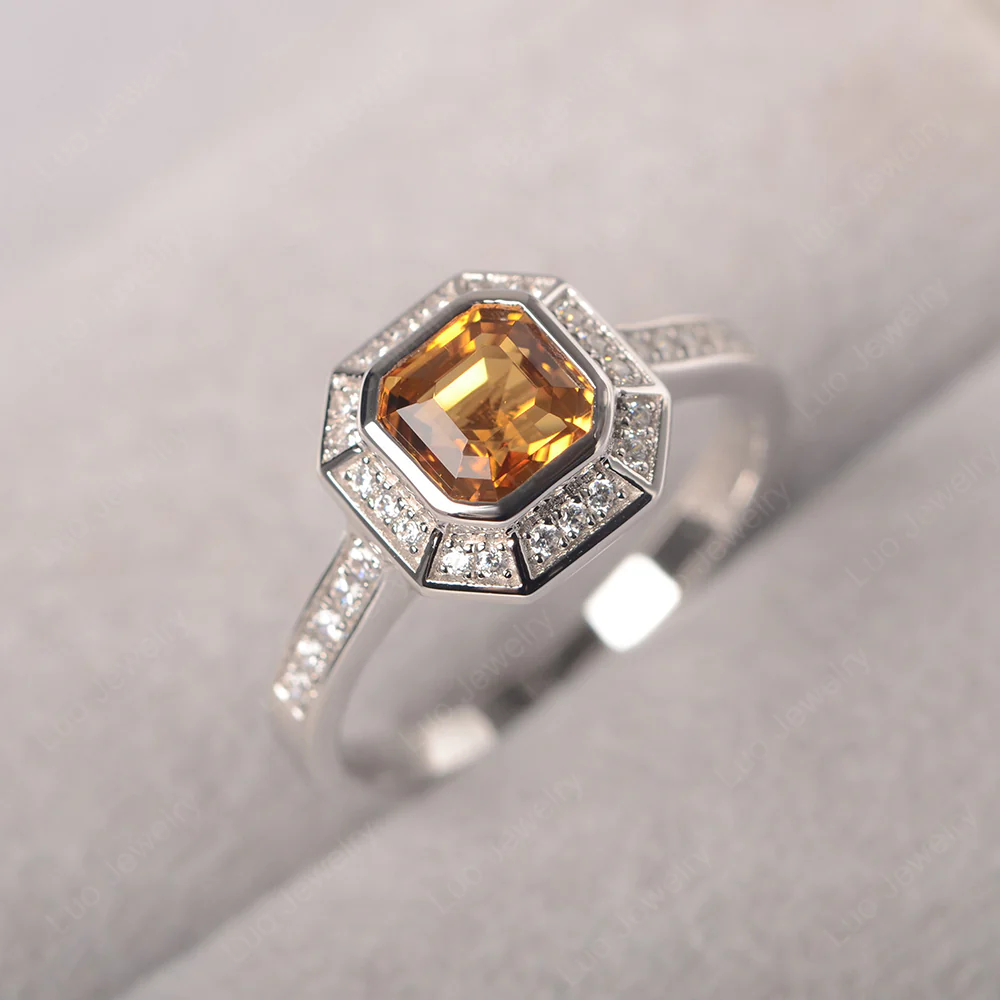 Asscher Cut Citrine Bezel Set Halo Ring