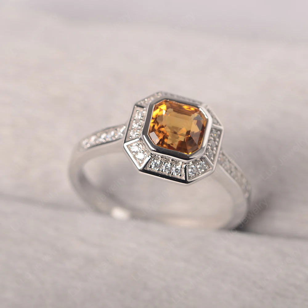 Asscher Cut Citrine Bezel Set Halo Ring - Image 2