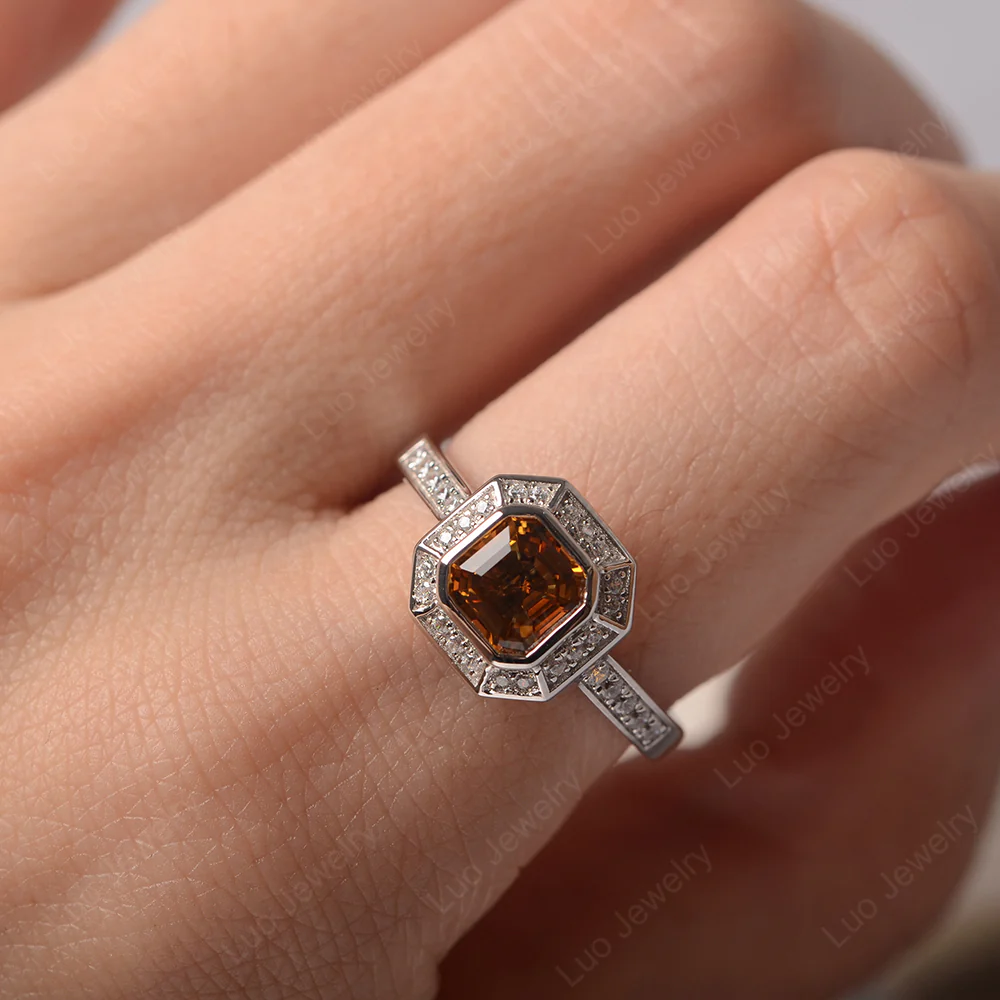 Asscher Cut Citrine Bezel Set Halo Ring - Image 5