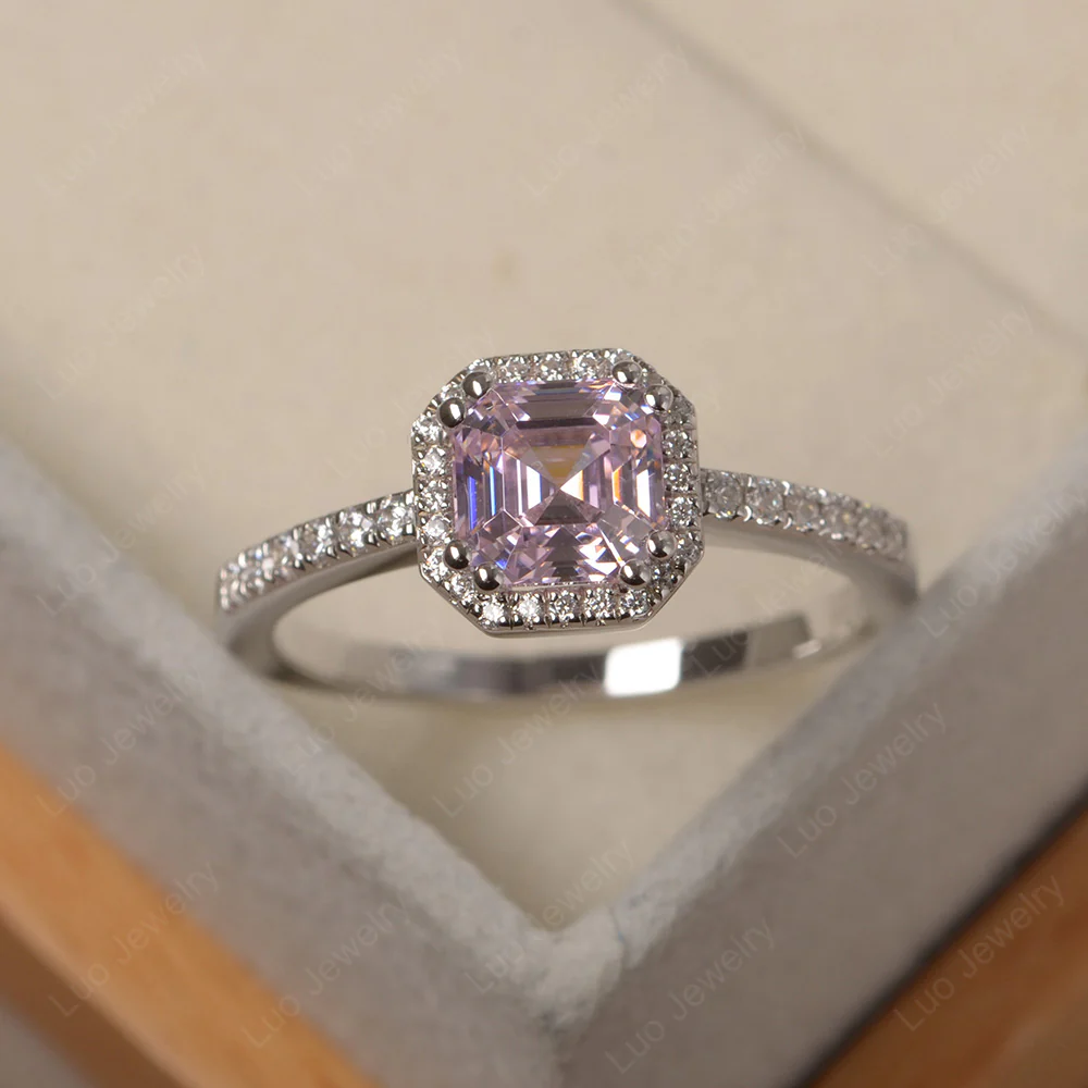 Asscher Cut Pink Cubic Zirconia Halo Engagement Ring