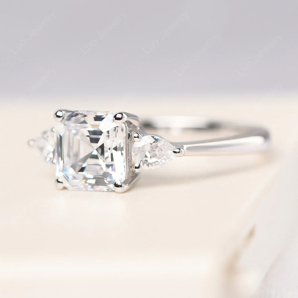 Asscher Cubic Zirconia Ring with Pear Side Stone - Image 2