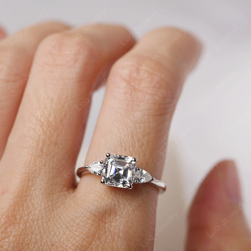 Asscher Cubic Zirconia Ring with Pear Side Stone - Image 5