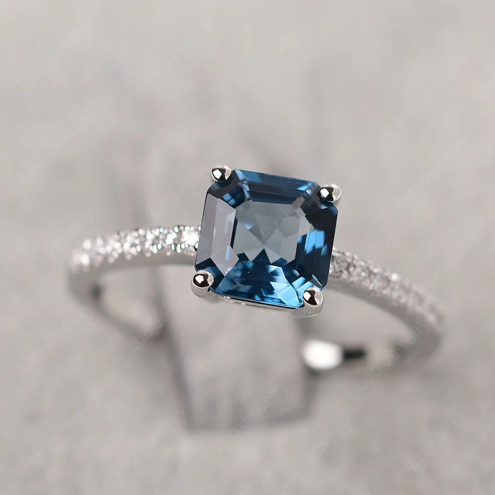 Simple London Blue Topaz Asscher Cut Ring