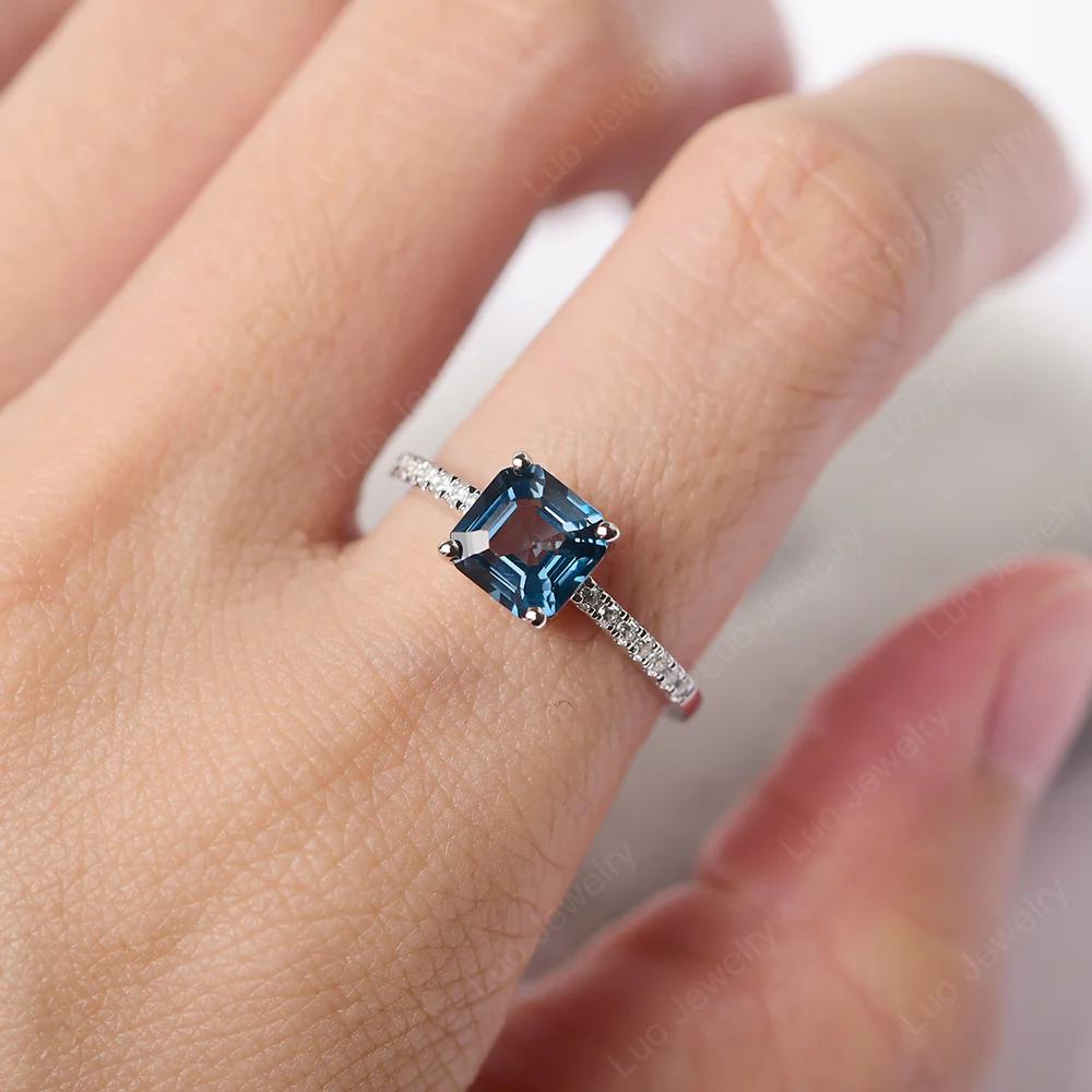 Simple London Blue Topaz Asscher Cut Ring - Image 5