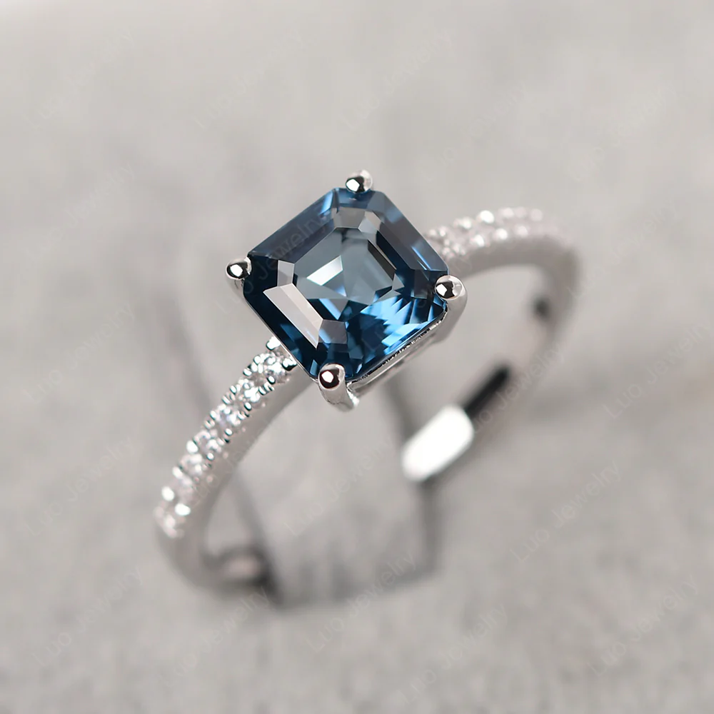 Simple London Blue Topaz Asscher Cut Ring - Image 6
