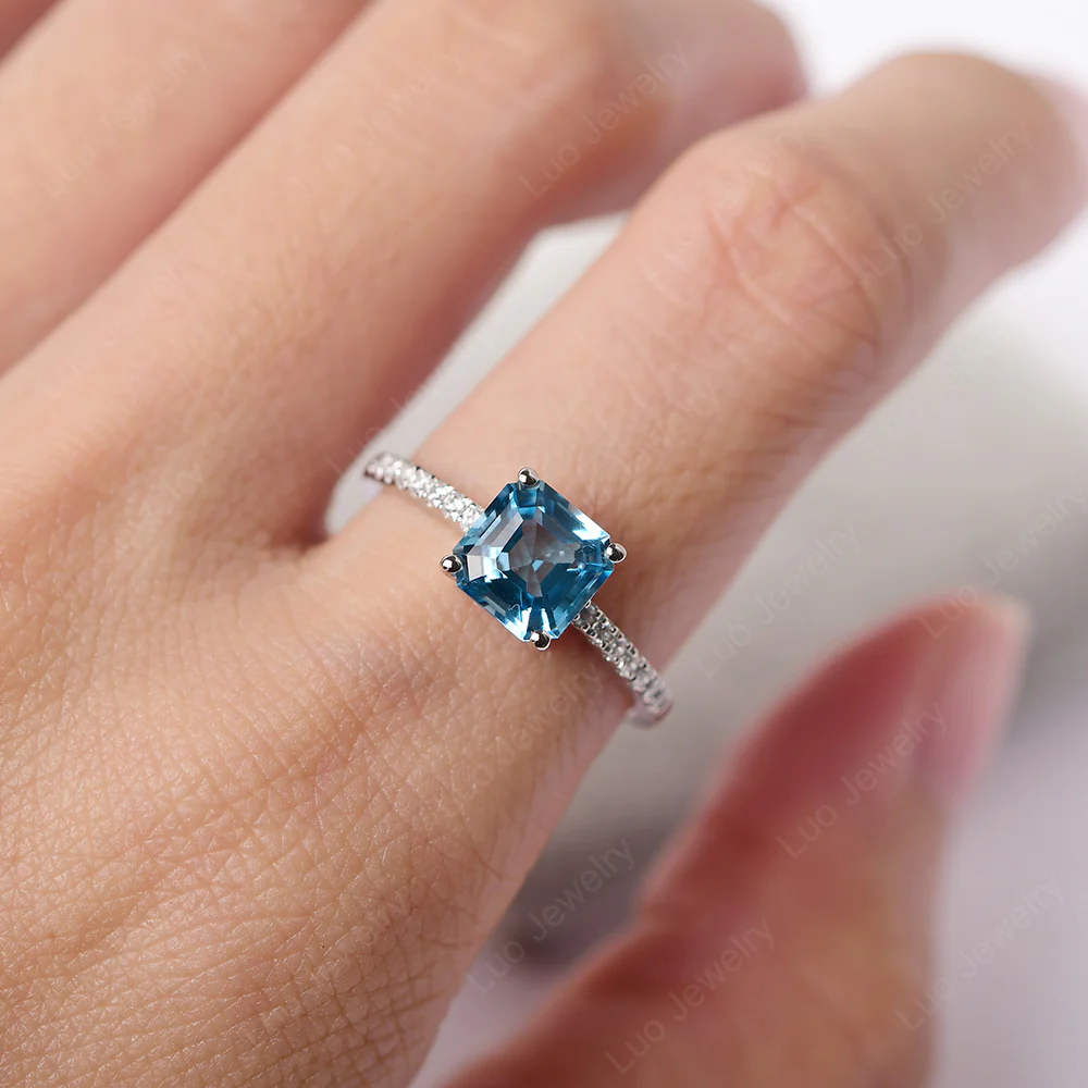 Simple Swiss Blue Topaz Asscher Cut Ring - Image 5