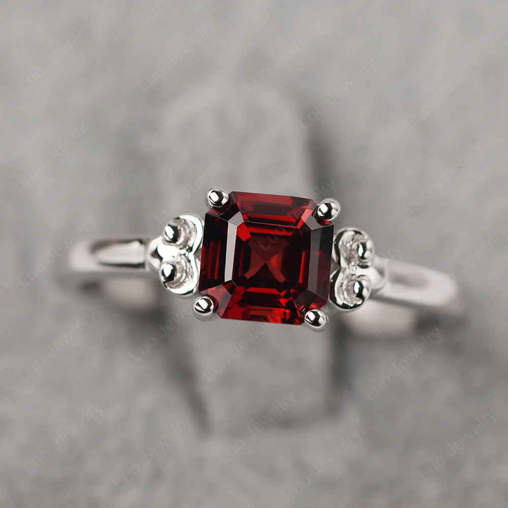 Asscher Cut Garnet Solitaire Ring