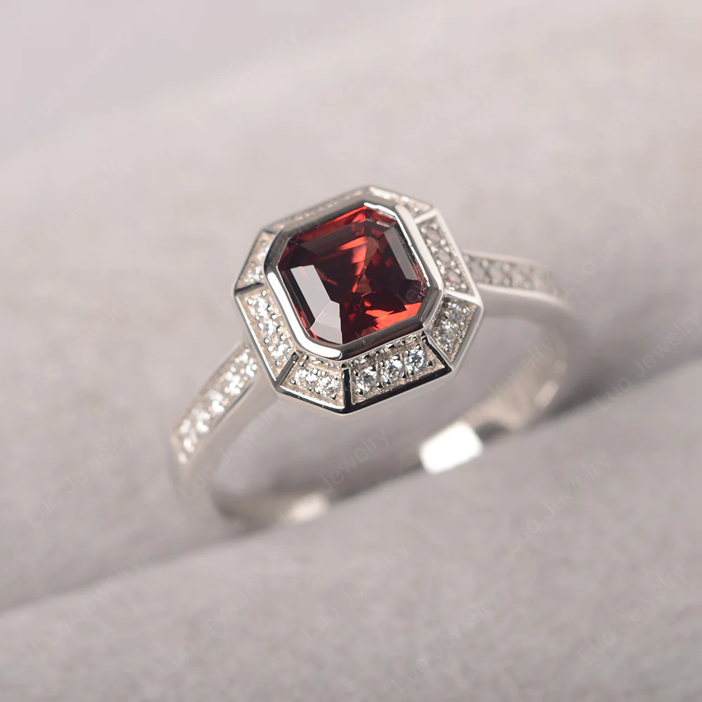 Asscher Cut Garnet Bezel Set Halo Ring