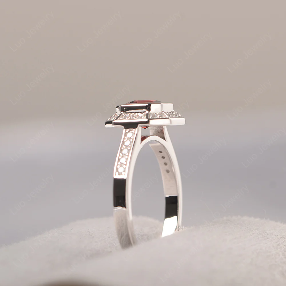 Asscher Cut Garnet Bezel Set Halo Ring - Image 4