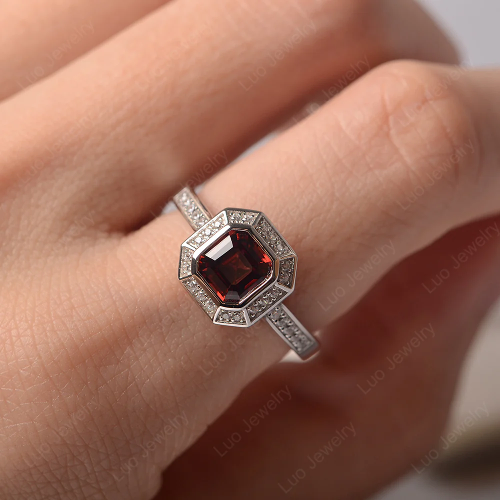 Asscher Cut Garnet Bezel Set Halo Ring - Image 5
