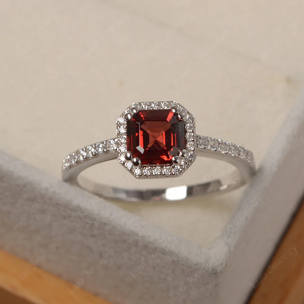 Asscher Cut Garnet Halo Engagement Ring