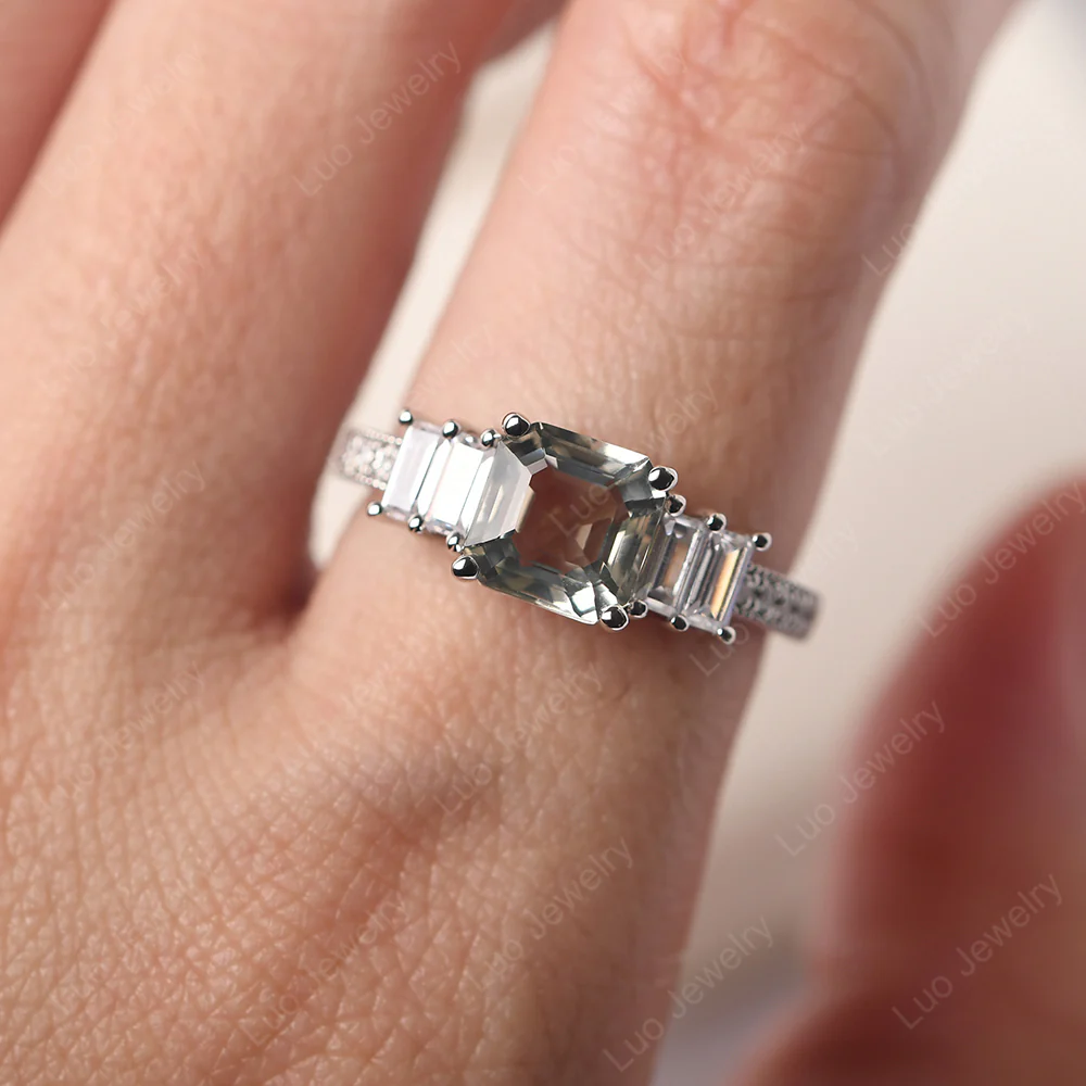 Green Amethyst Engagement Ring with Baguettes - Image 5
