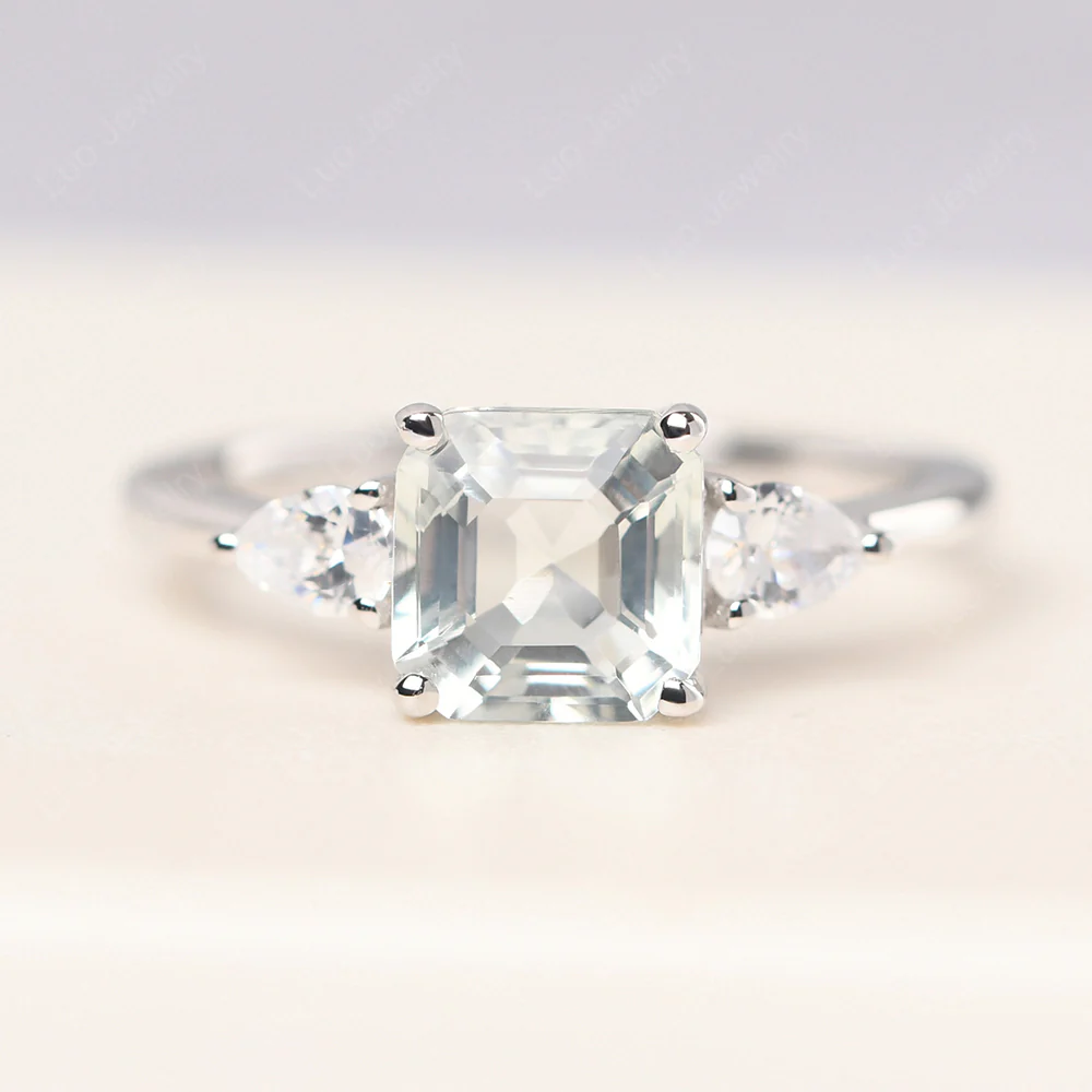 Asscher Green Amethyst Ring with Pear Side Stone