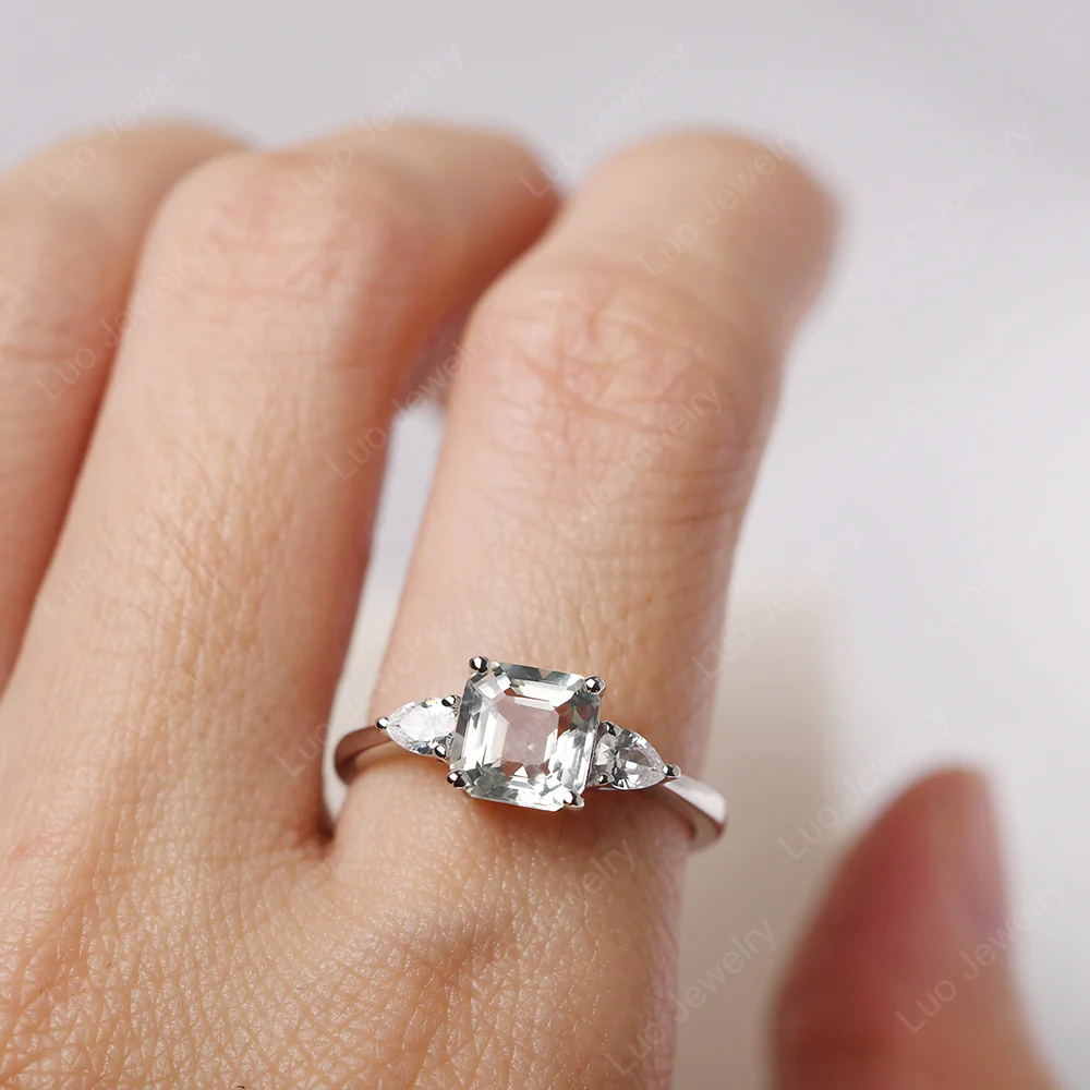 Asscher Green Amethyst Ring with Pear Side Stone - Image 5