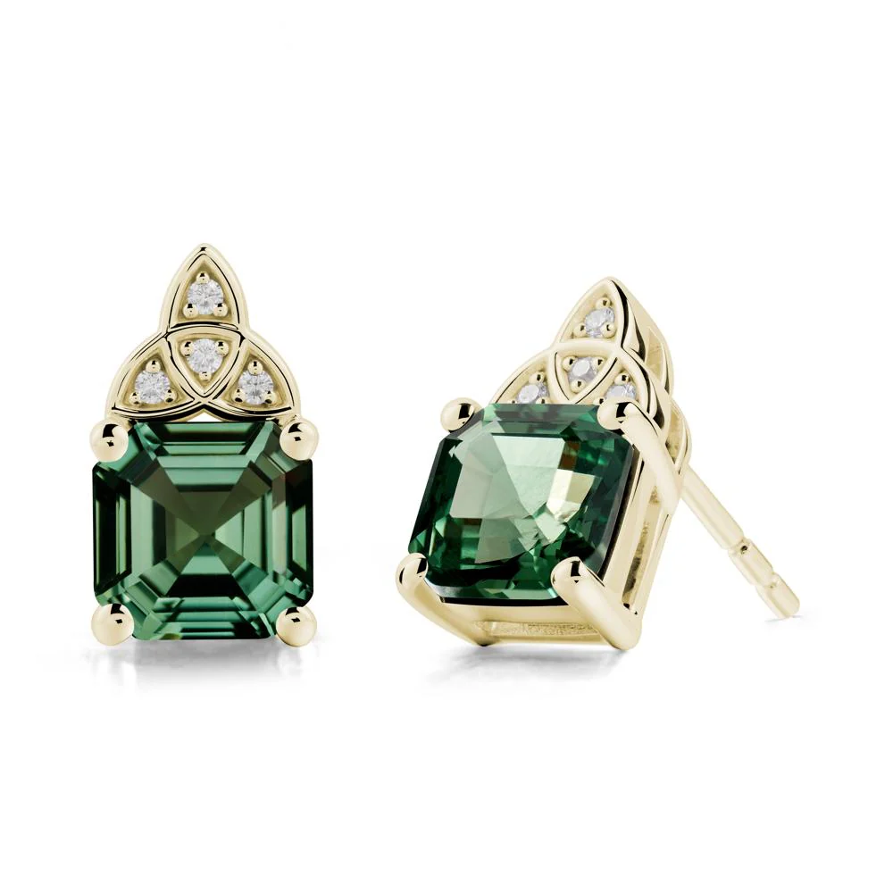 Asscher Cut Green Sapphire Celtic Knot Earrings - Image 3