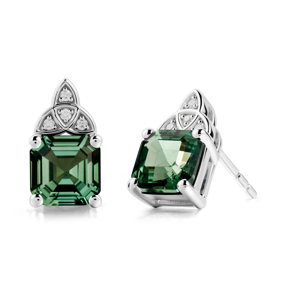 Asscher Cut Green Sapphire Celtic Knot Earrings - Image 5