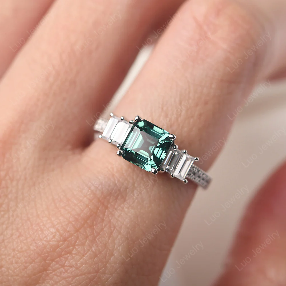 Asscher Cut Green Sapphire Ring with Baguette - Image 5