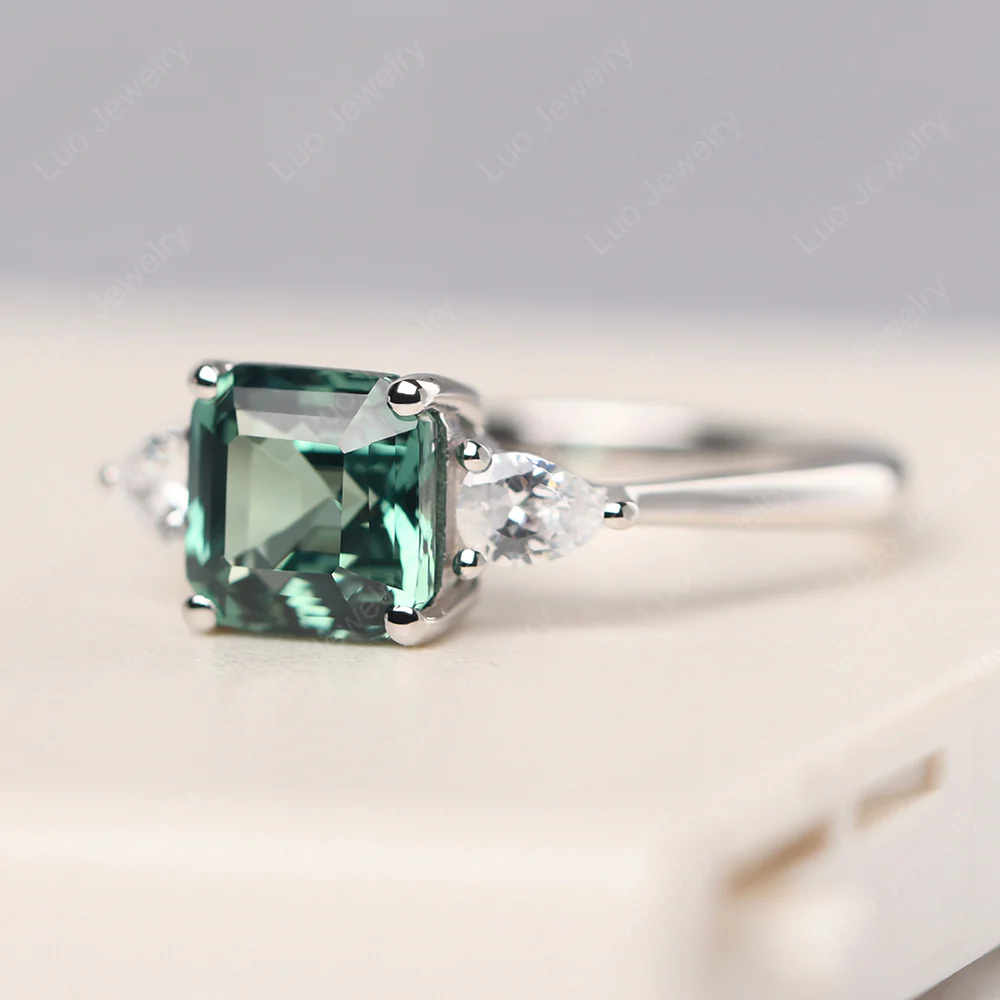 Asscher Green Sapphire Ring with Pear Side Stone - Image 2