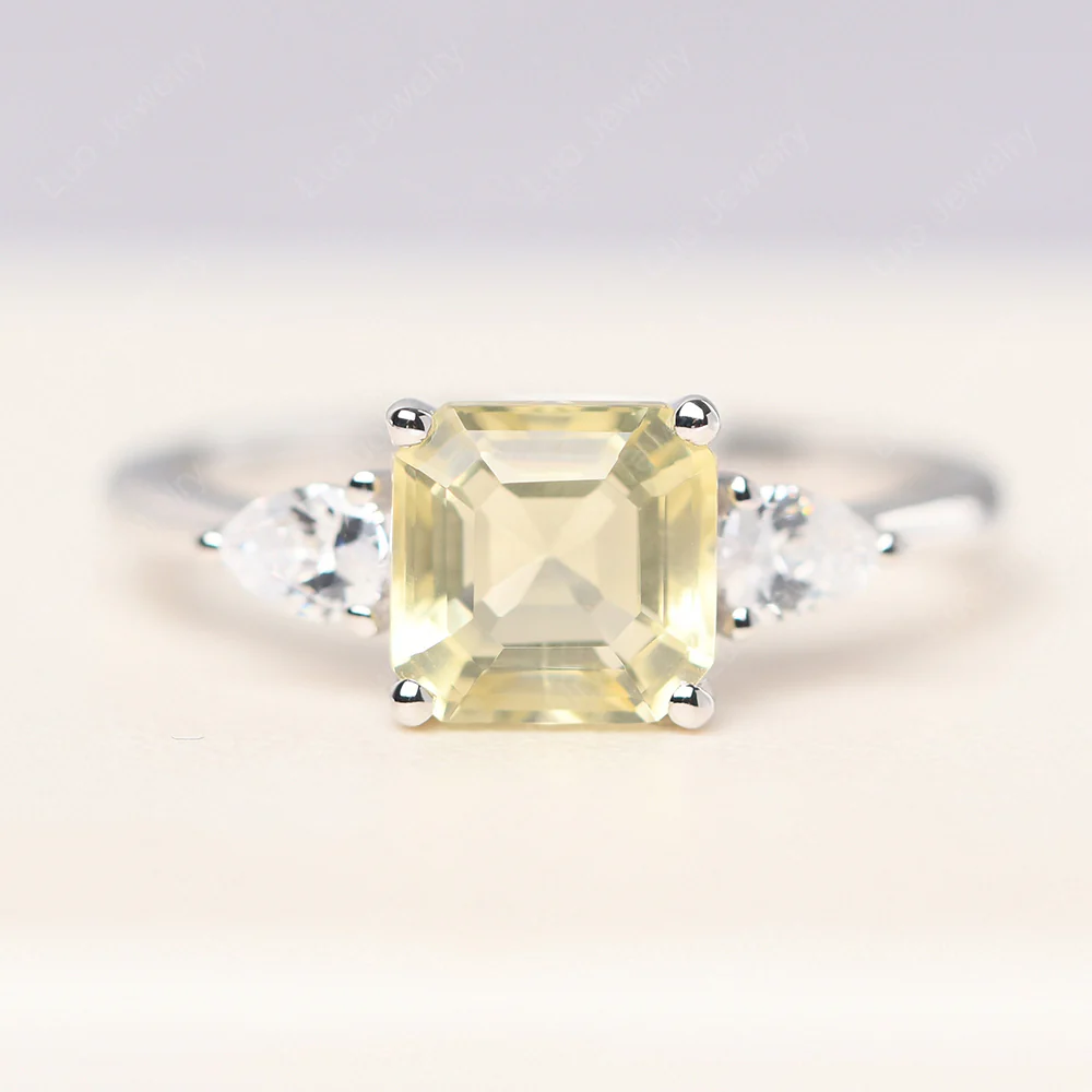 Asscher Lemon Quartz Ring with Pear Side Stone