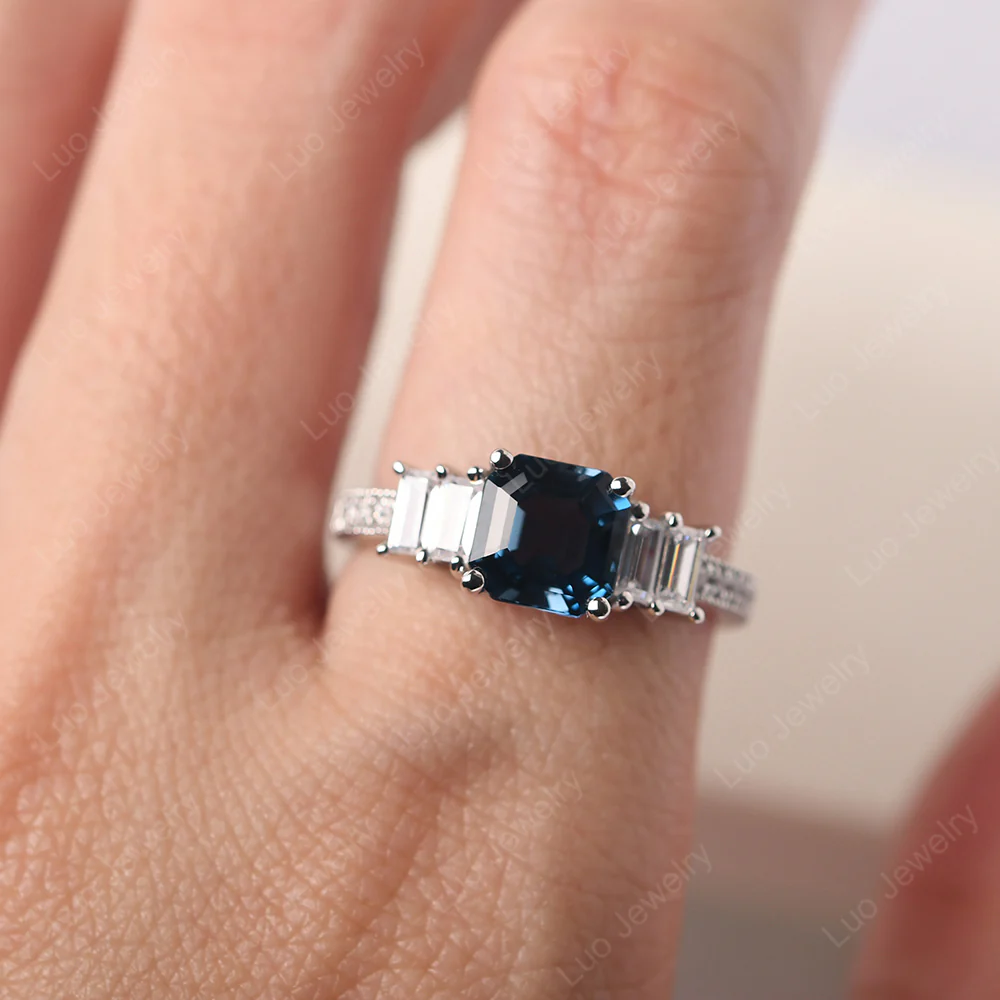 London Blue Topaz Engagement Ring with Baguettes - Image 5
