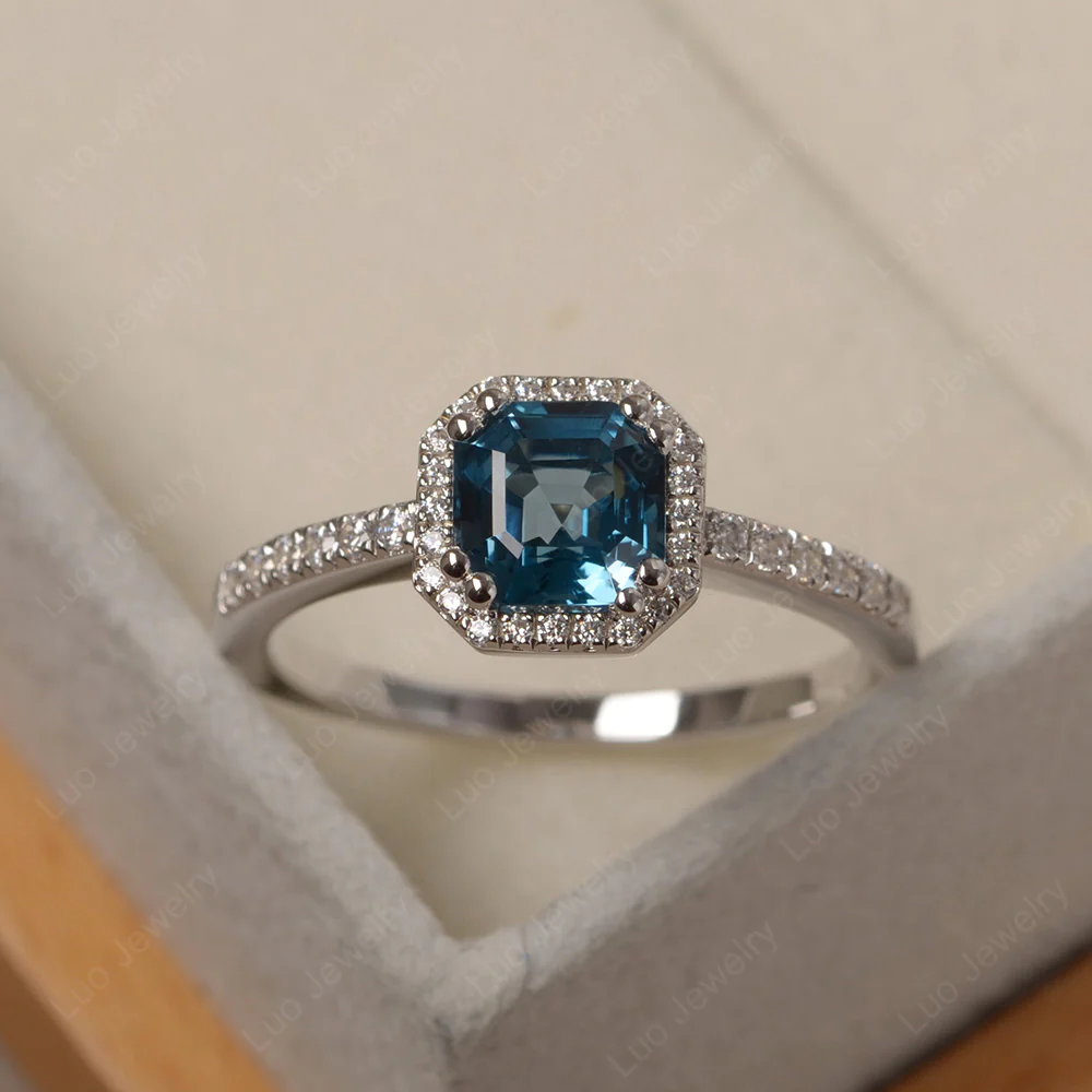 Asscher Cut London Blue Topaz Halo Engagement Ring