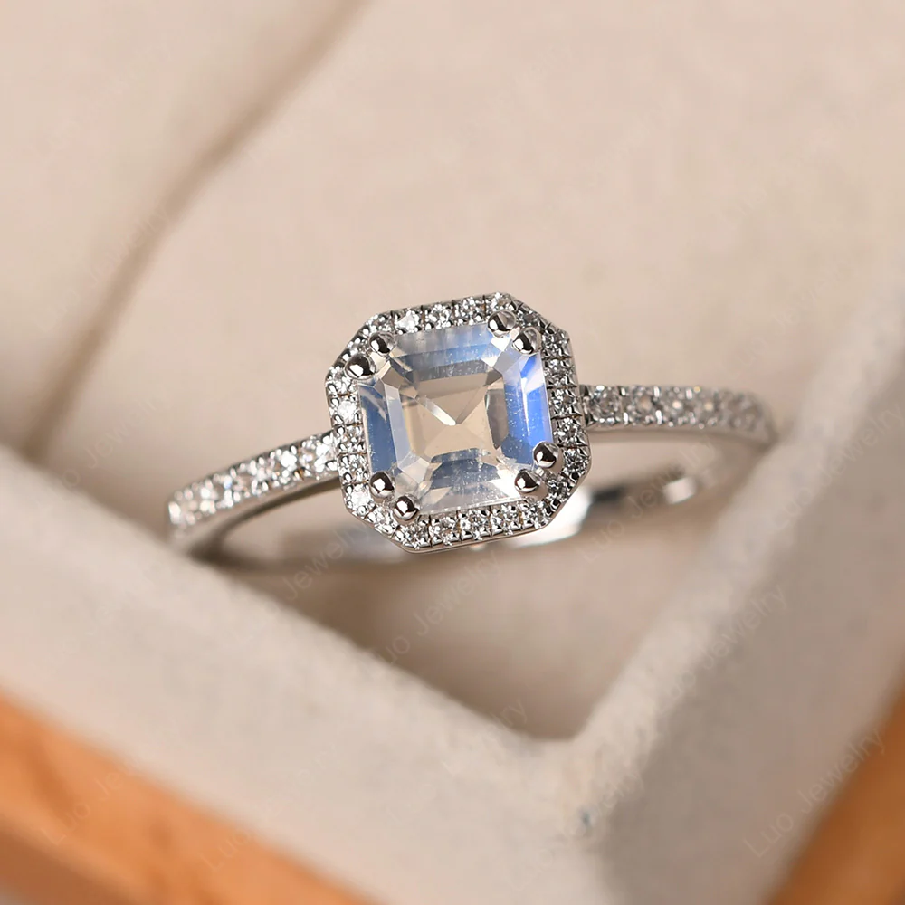 Moonstone Asscher Cut Halo Engagement Ring
