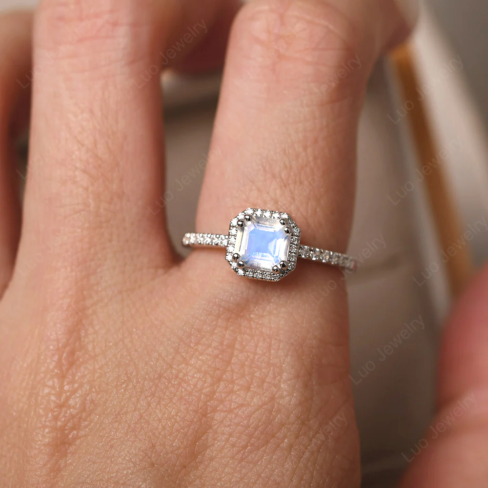 Moonstone Asscher Cut Halo Engagement Ring - Image 5