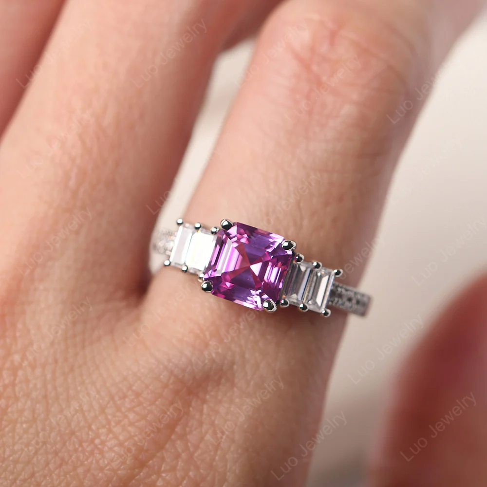 Pink Sapphire Engagement Ring with Baguettes - Image 5