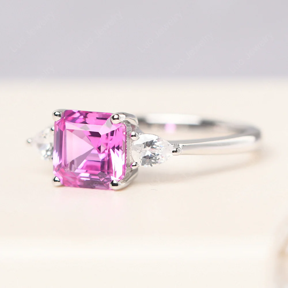 Asscher Pink Sapphire Ring with Pear Side Stone - Image 2