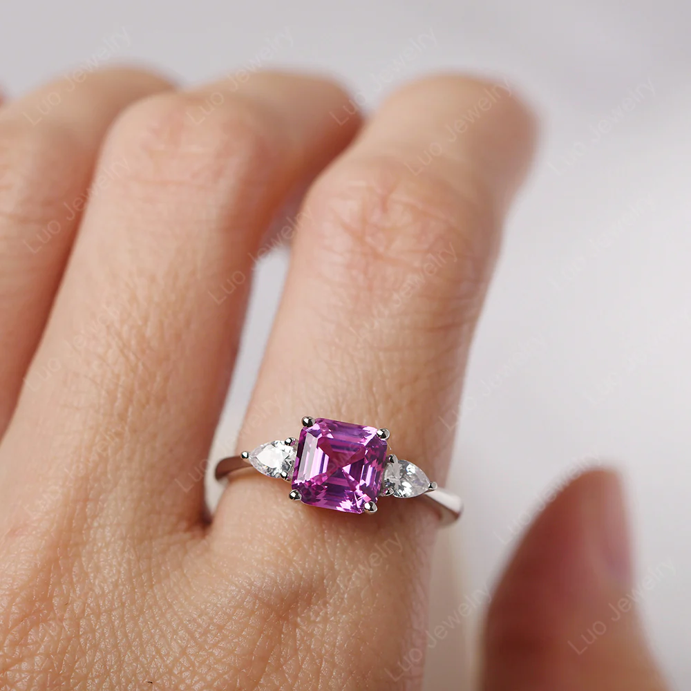 Asscher Pink Sapphire Ring with Pear Side Stone - Image 5