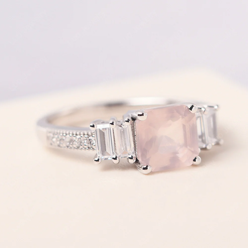 Rose Quartz Engagement Ring with Baguettes - Image 2