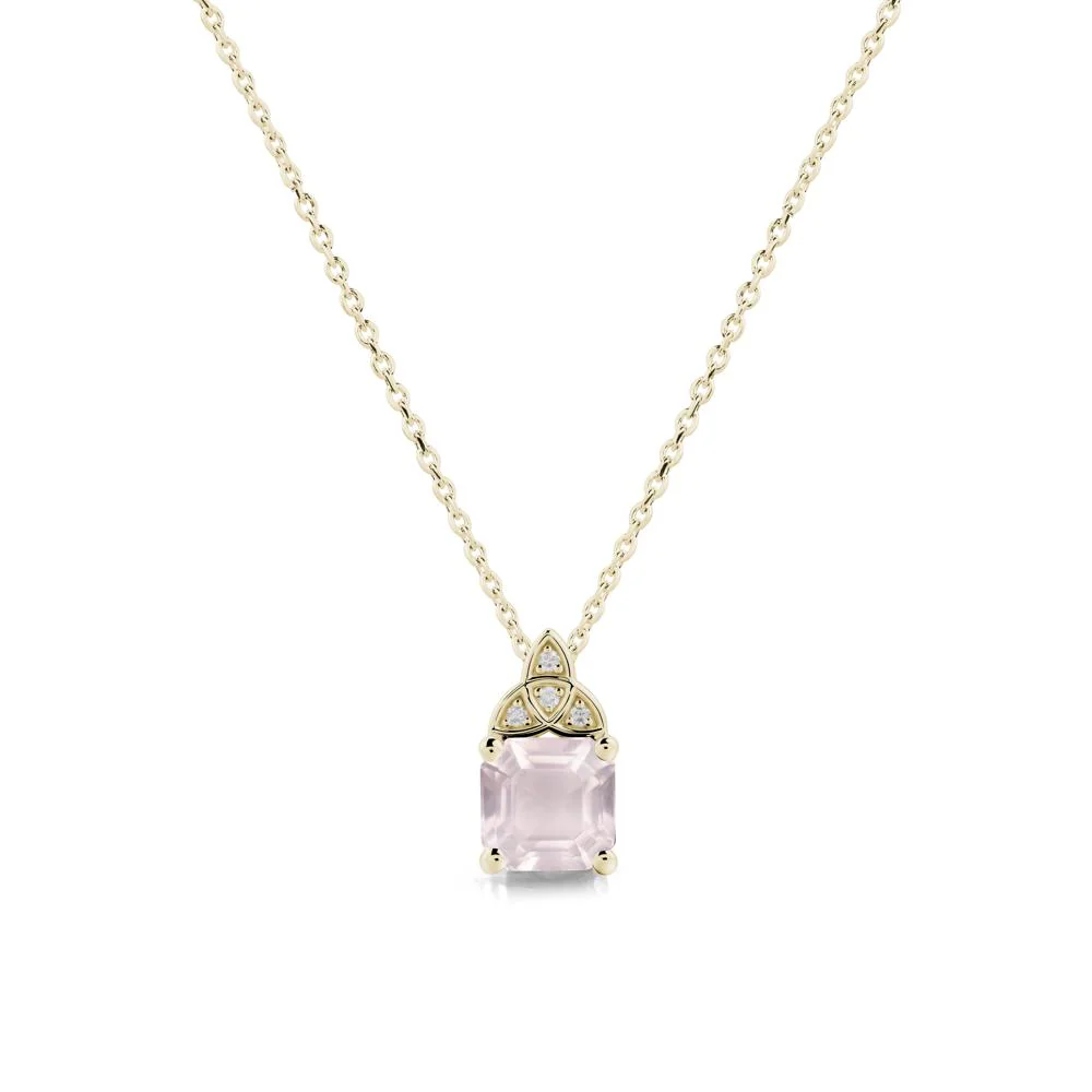 Asscher Cut Rose Quartz Necklace with Celtic Knot