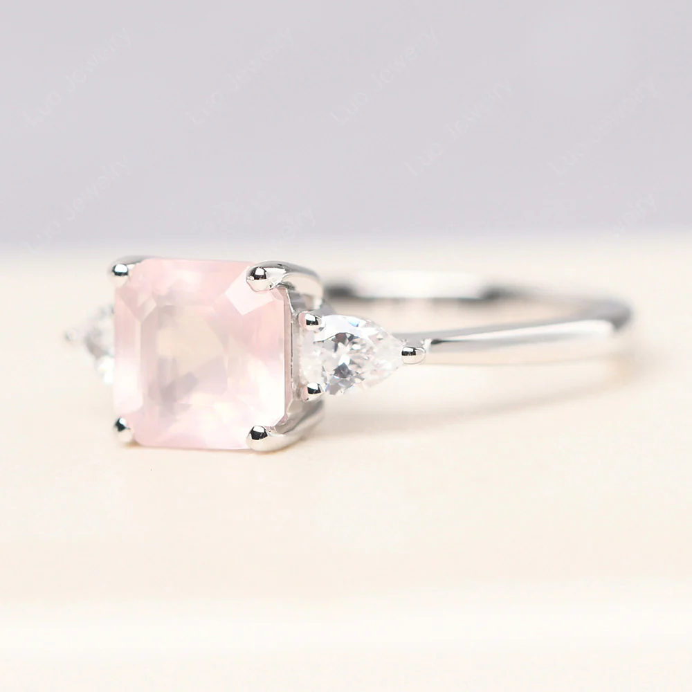 Asscher Rose Quartz Ring with Pear Side Stone - Image 2