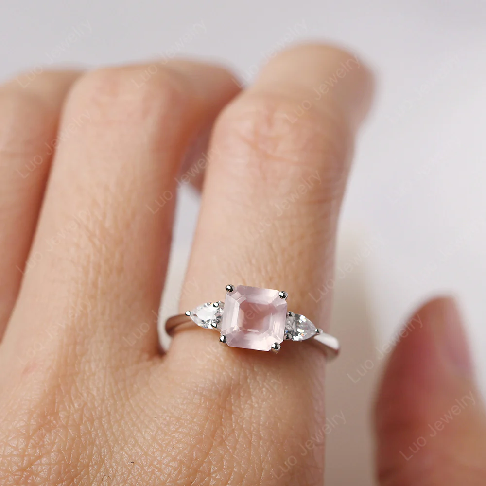 Asscher Rose Quartz Ring with Pear Side Stone - Image 5