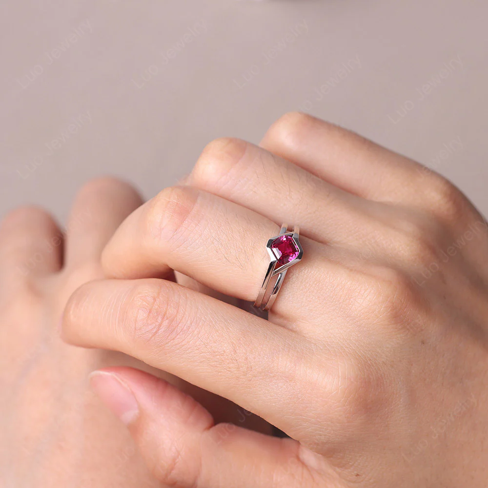 Asscher Cut Ruby Bezel Kite Set Ring - Image 5
