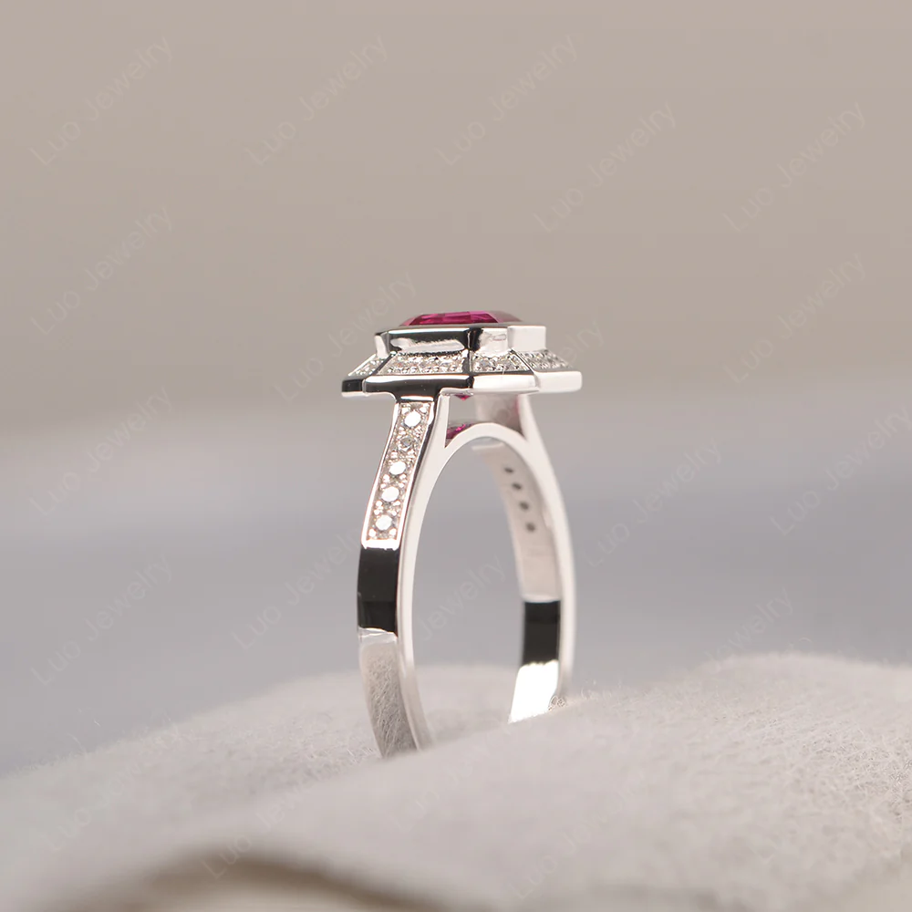 Asscher Cut Ruby Bezel Set Halo Ring - Image 4