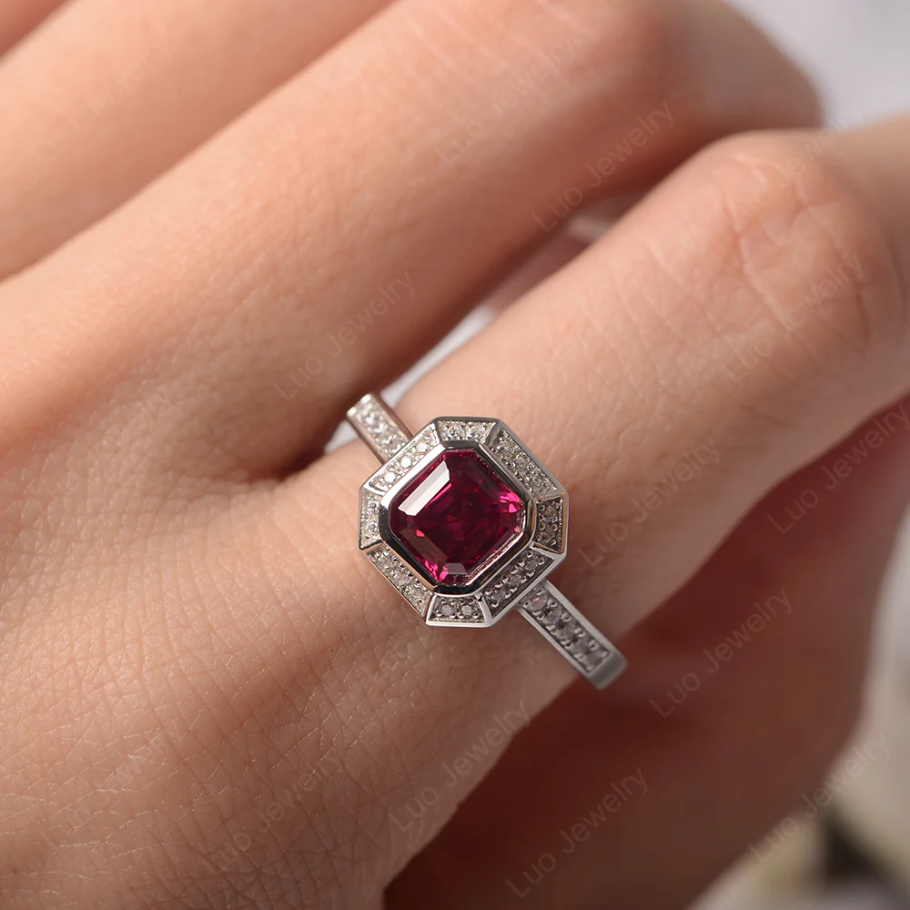 Asscher Cut Ruby Bezel Set Halo Ring - Image 5