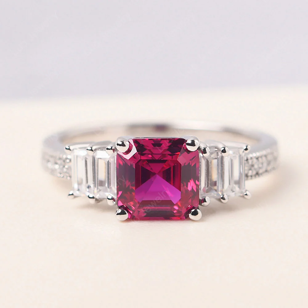 Asscher Cut Ruby Ring with Baguette