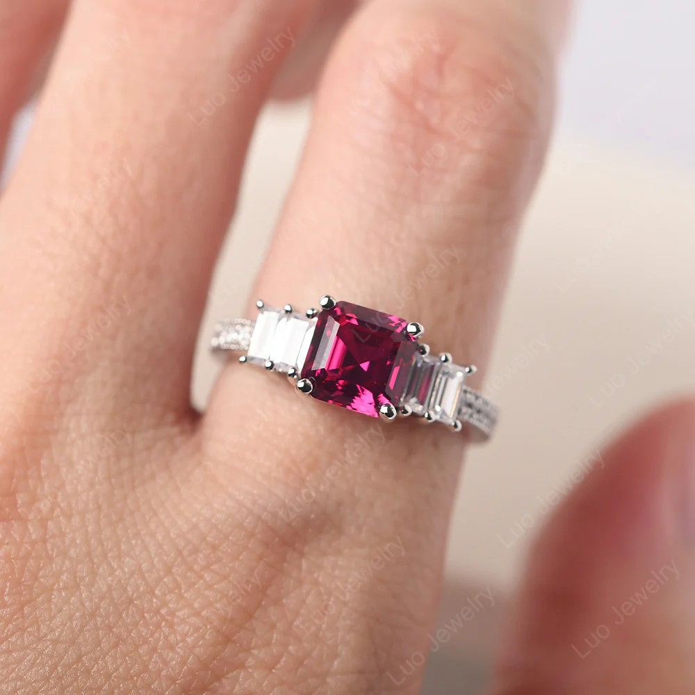Asscher Cut Ruby Ring with Baguette - Image 5